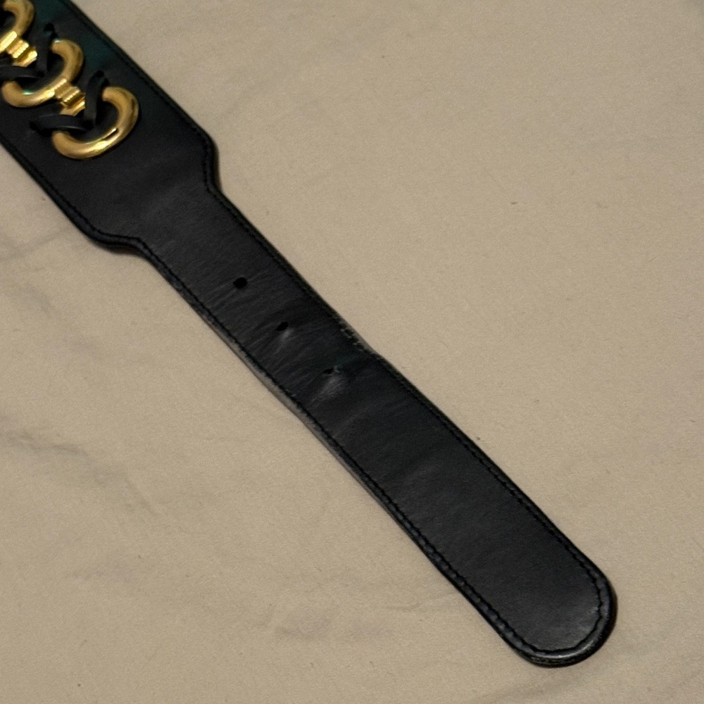Vintage 80s Sculptural Gold Buckle Wide Black Leather Statement Belt – Power Era - Picture 15 of 16